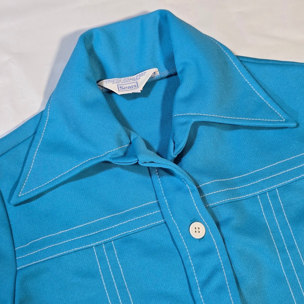 Vintage 70s Sears Turquoise Blue Knit Shirt Jacket White Contrast Stitch Disco M